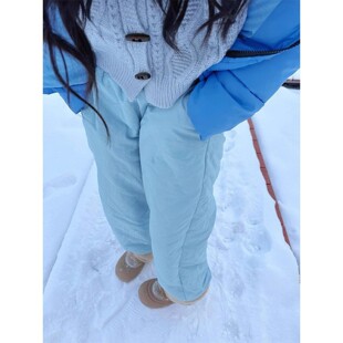 eaho加绒加厚羽绒棉裤男女冬季羊羔绒防寒裤子直筒葫芦纹滑雪地裤
