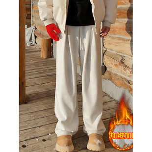 白花灰重磅加绒卫裤男款冬季加厚保暖运动裤子美式阔腿微喇休闲裤
