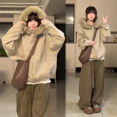 美式复古拉链毛领连帽卫衣男宽松