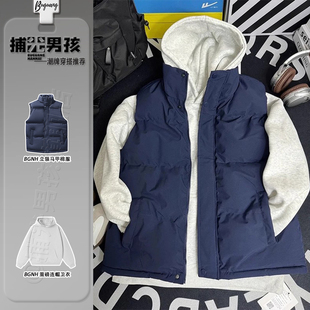 痞帅叠穿棉服外套 加厚坎肩美式 藏青色羽绒马甲男款 青少年外穿无袖