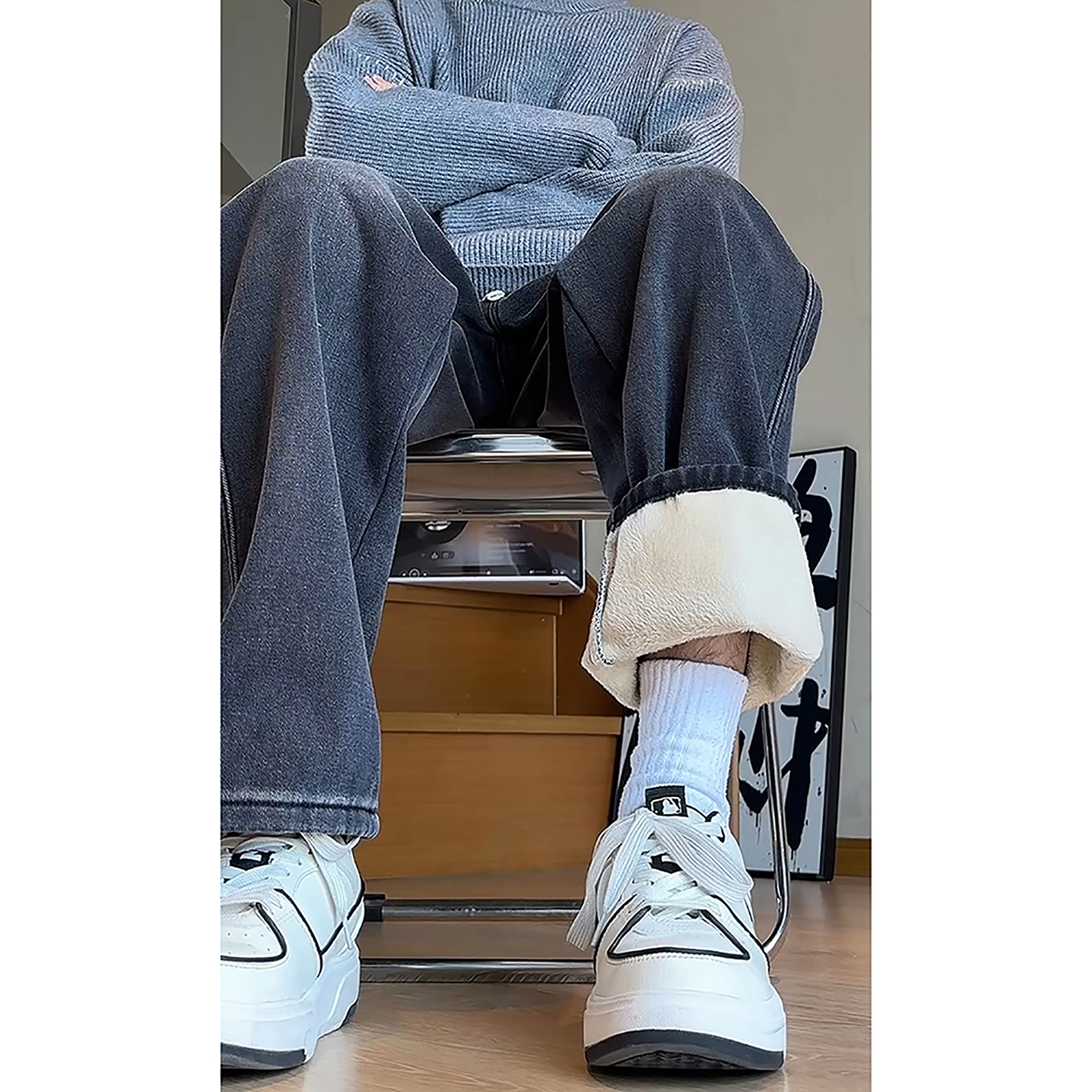 黑色直筒加绒牛仔裤男保暖松紧腰