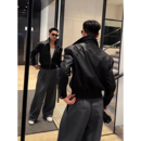 美式 秋季 机车骑行服痞帅高级感翻领外套 皮衣夹克男款 黑色红内短款