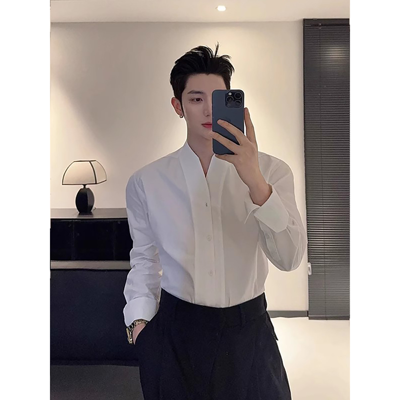 新中式雅痞风V领长袖衬衫高级感