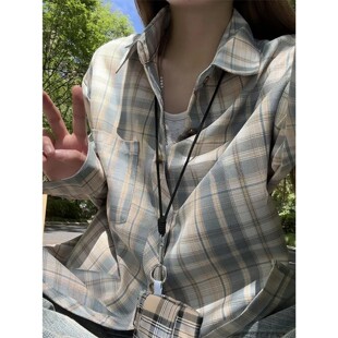 美式复古杏黄色格子衬衫男秋季松弛感慵懒风格纹衬衣宽松情侣外套