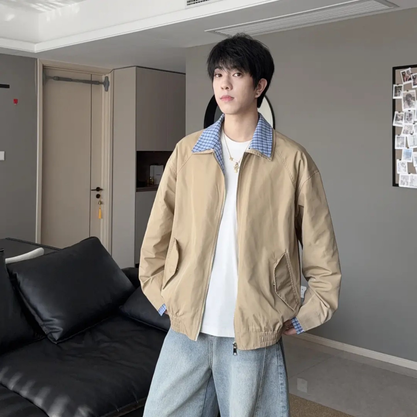 卡其色格子拼接工装外套男秋季美式假两件飞行夹克百搭翻领棒球服