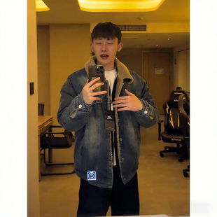 弗兰克巴恩风羊羔绒牛仔外套男冬季加绒加厚保暖棉服翻领工装夹克