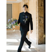 中山装 国风西服套装 订婚宴男士 新中式 礼服翠竹刺绣垫肩飞机扣西装