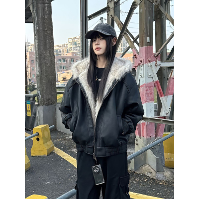 美式pu皮座山雕连帽棉服男款冬季