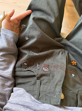 军绿色藤蔓花卉刺绣牛仔裤男女春季潮牌小众炸街长裤阔腿弯刀裤子