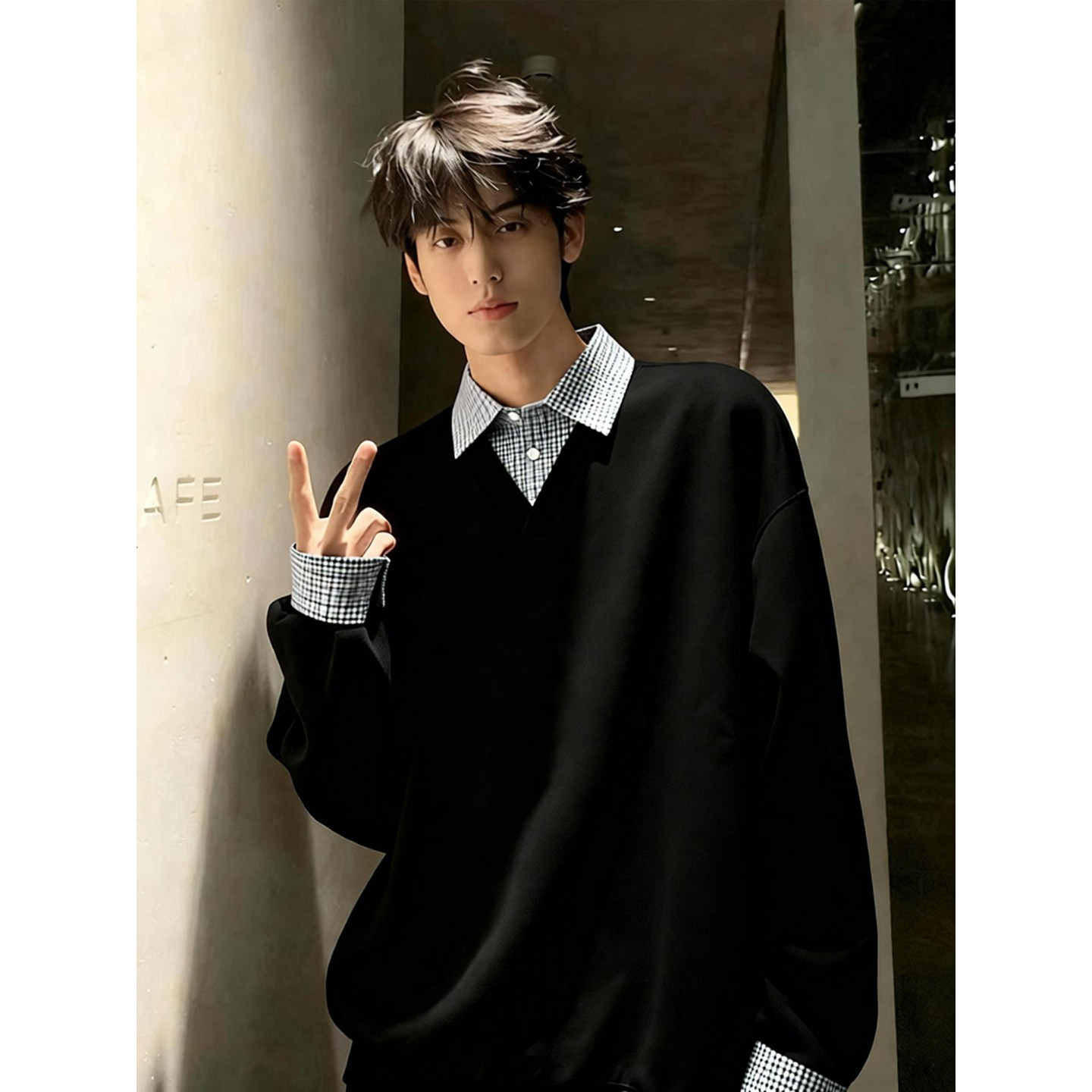 黑色假两件衬衫领卫衣男款冬季重磅长袖polo衫学院风内搭套头上衣,男装,卫衣,淘宝优惠券,粉丝福利购,淘宝优惠卷