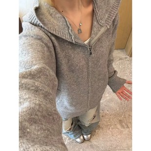 卫衣cleanfit情侣外套 慵懒风针织开衫 浅灰色拉链连帽毛衣男款 秋季