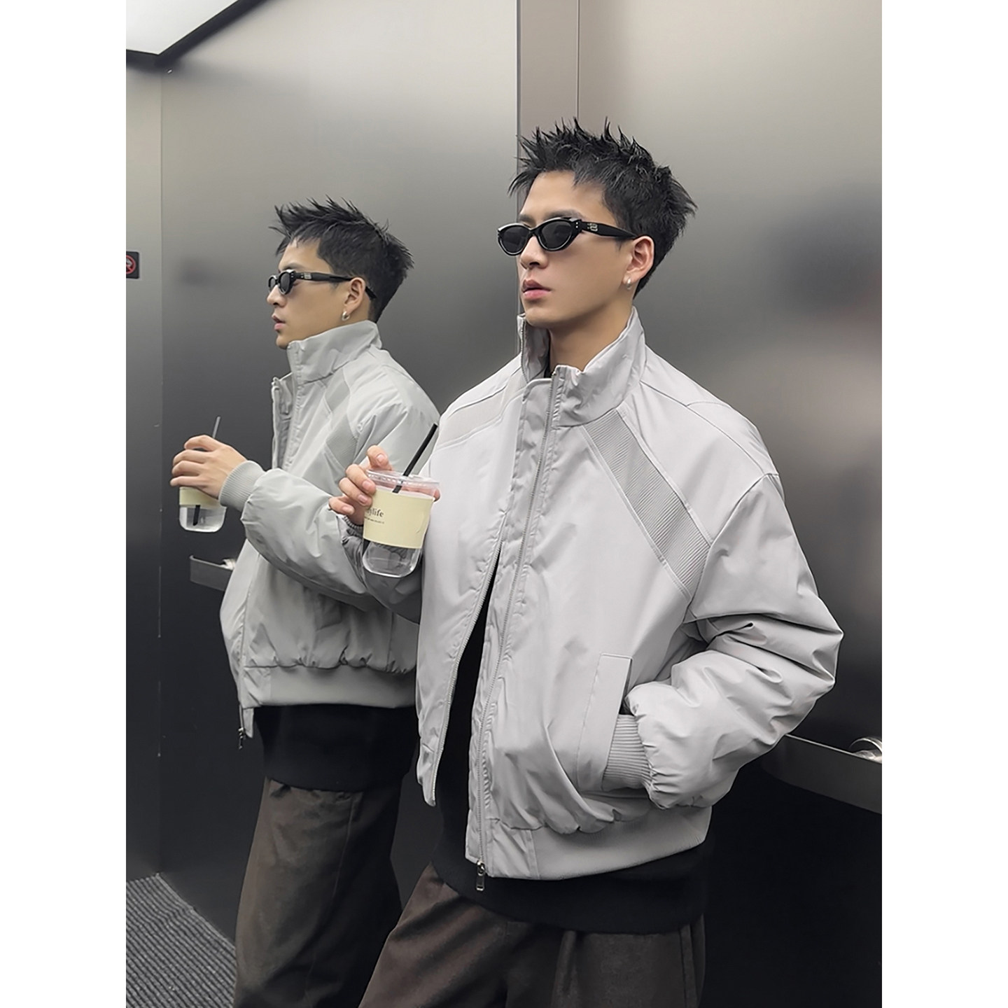 浅灰色斜切解构立领棒球服男冬季