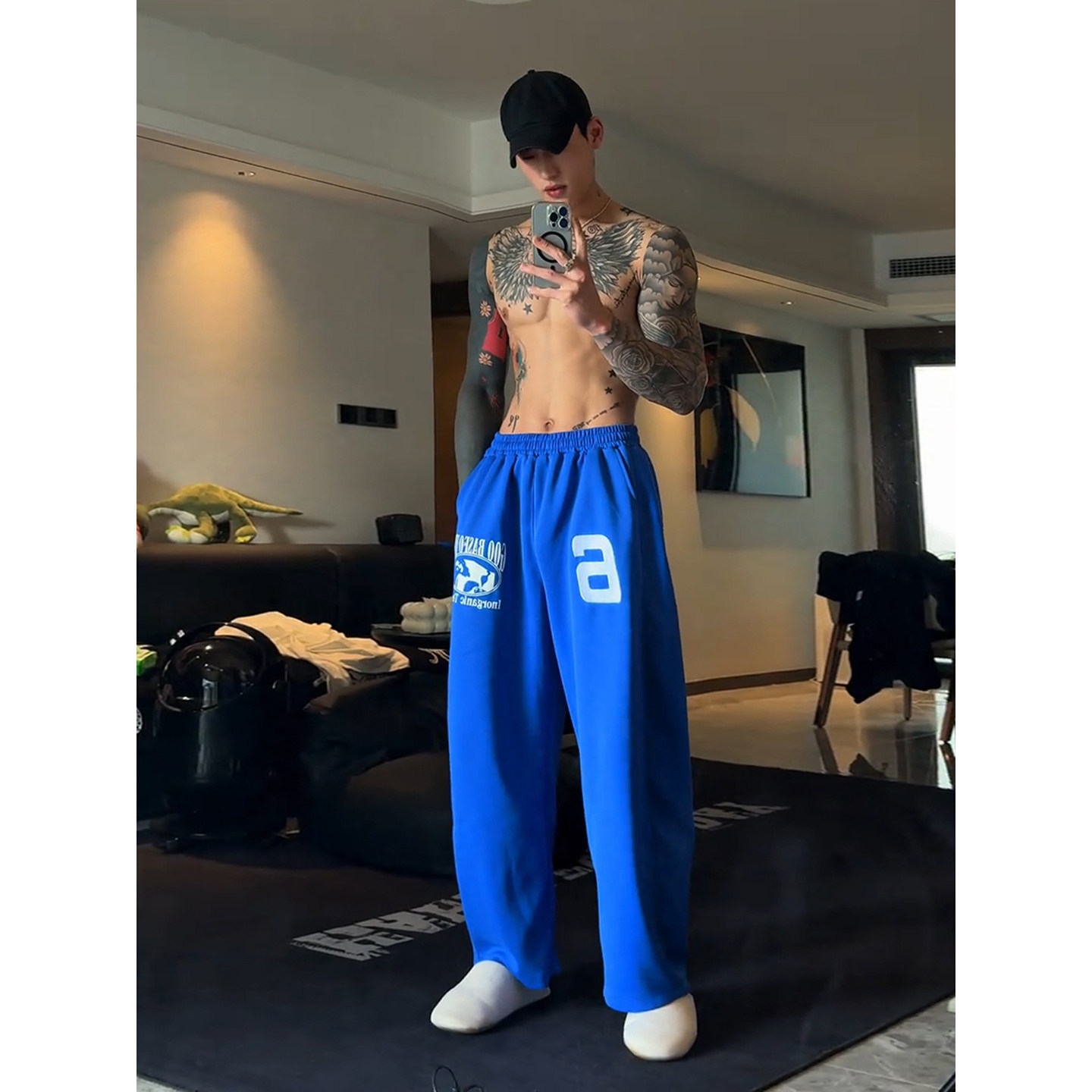 蓝色美式健身运动卫裤男款慵懒松弛感弯刀裤子直筒宽松阔腿休闲裤,男装,卫裤,淘宝优惠券,粉丝福利购,淘宝优惠卷