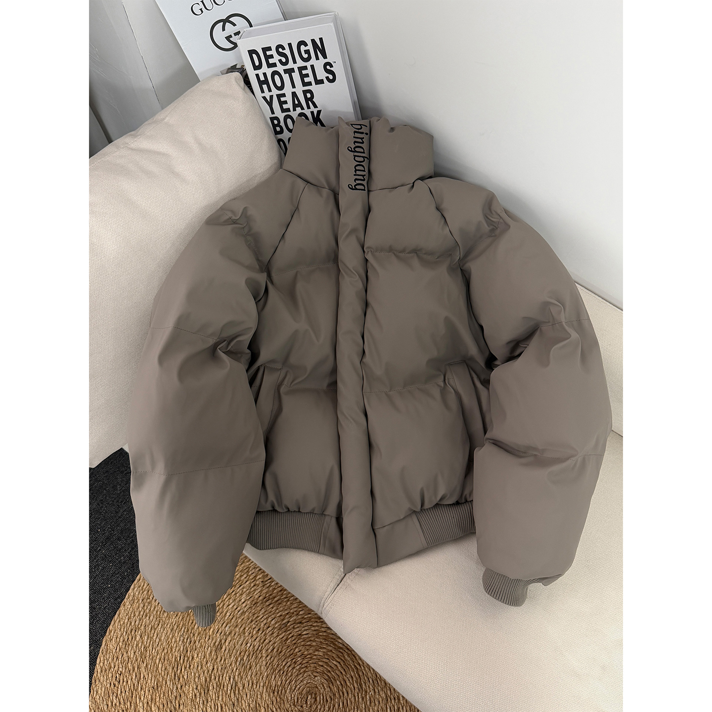 灰色PU皮立领棉服男款冬季