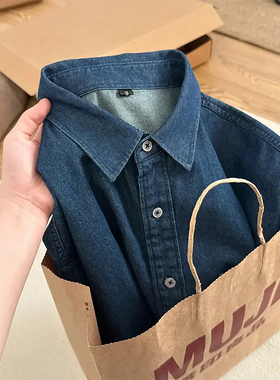 深蓝色水洗牛仔衬衫男式内搭叠穿翻领衬衣高级感美式复古情侣外套