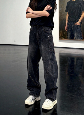 黑色斜切弯刀牛仔裤男款春季水洗做旧阔腿直筒裤高级感休闲工装裤
