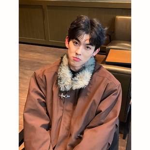 美式 痞帅潮牌bomber棉服加厚毛领棉衣夹克 飞机扣座山雕外套男冬季