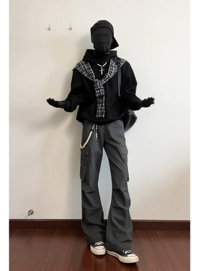 灰绿色褶皱微喇工装裤男秋季高街褶皱伞兵裤子潮牌显瘦直筒弯刀裤