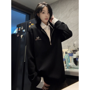 假两件衬衫领卫衣男款美式半拉链刺绣polo长袖t恤痞帅高级感外套