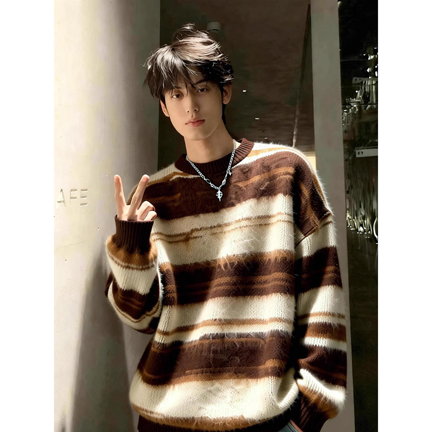 美拉德马海毛圆领毛衣男冬季韩系慵懒松弛感条纹针织衫学院风外套,男装,针织衫/毛衣,淘宝优惠券,粉丝福利购,淘宝优惠卷