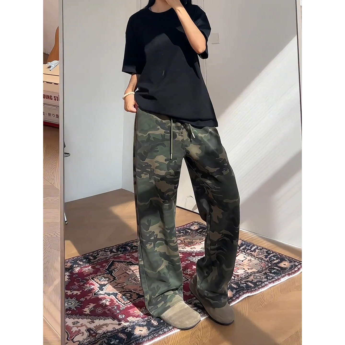 美式复古迷彩微喇裤子男高街街舞