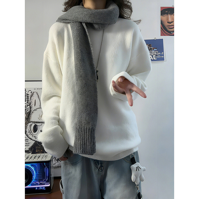 白色加绒加厚毛衣男女秋冬