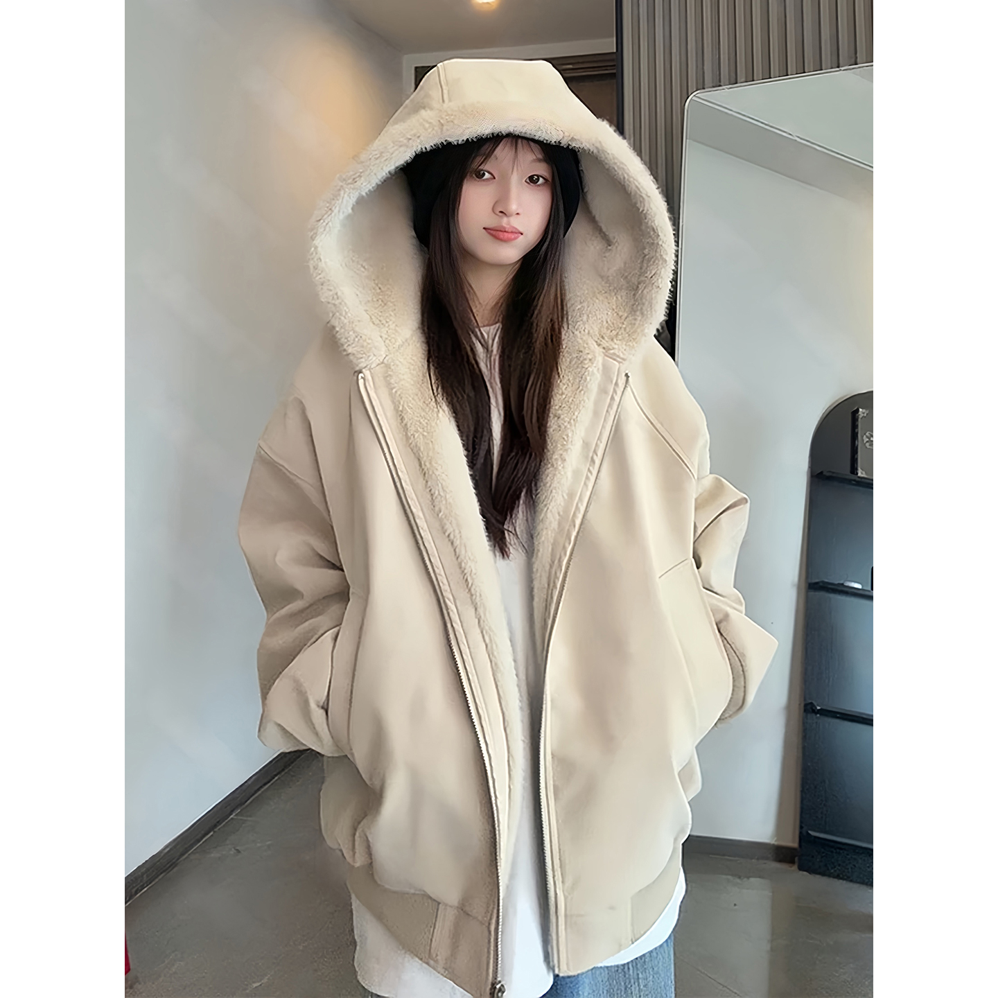 PU皮座山雕毛领棉服男女冬季