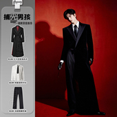 韩版 收腰垫肩黑色戗驳领风衣 男高级感长款 英伦风红底西装 大衣套装