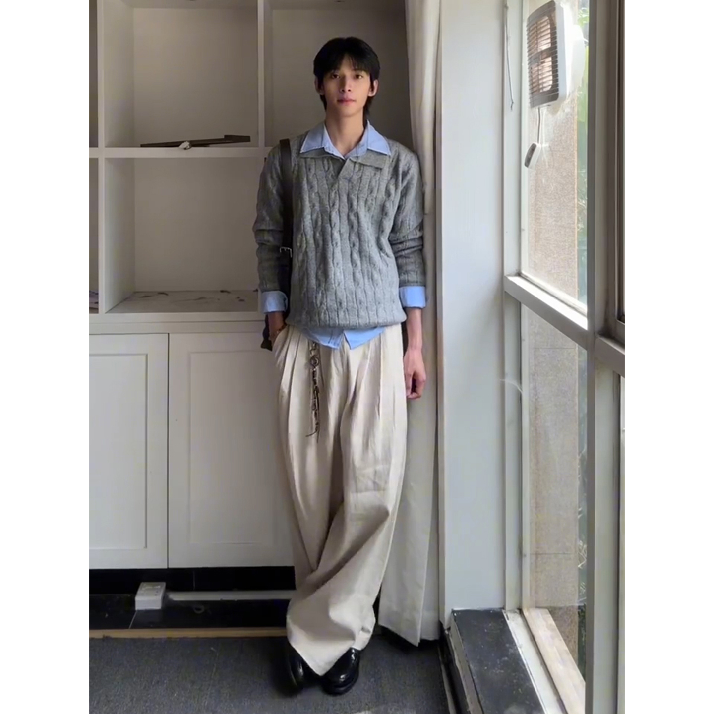 灰色麻花polo衫毛衣男秋冬慵懒高级感v领针织衫外穿套头翻领上衣