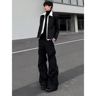 黑色褶皱弯刀微喇西裤男款春季休闲垂感阔腿裤子高街直筒休闲长裤