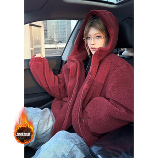 酒红色摇粒绒外套男女款 加厚连帽棉衣韩系慵懒风情侣保暖棉服 冬季