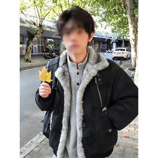 美式高街座山雕毛领夹克棉服男士冬天高级感外套短款pu皮棉衣夹克