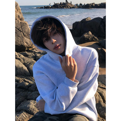 花灰色美式连帽卫衣秋冬加绒加厚