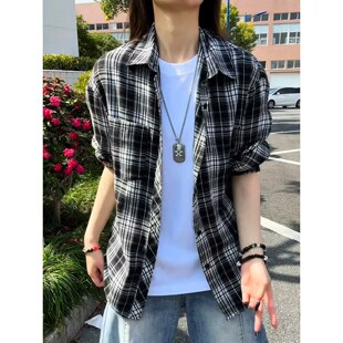 黑白格子衬衫男款春季日系复古格纹长袖衬衣vintage叠穿情侣外套