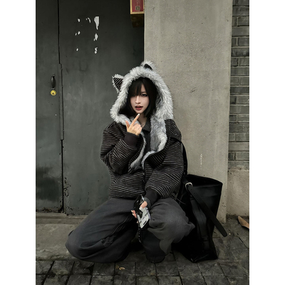猫耳条纹毛领棉服男中性风miu系