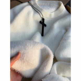 美式白色圆领加绒毛衣冬季男款保暖上衣韩系慵懒风重磅内搭打底衫