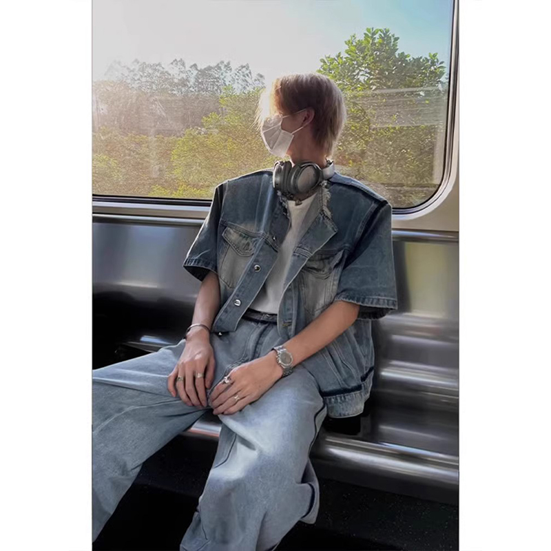 男模穿搭无领垫肩牛仔衬衫短袖