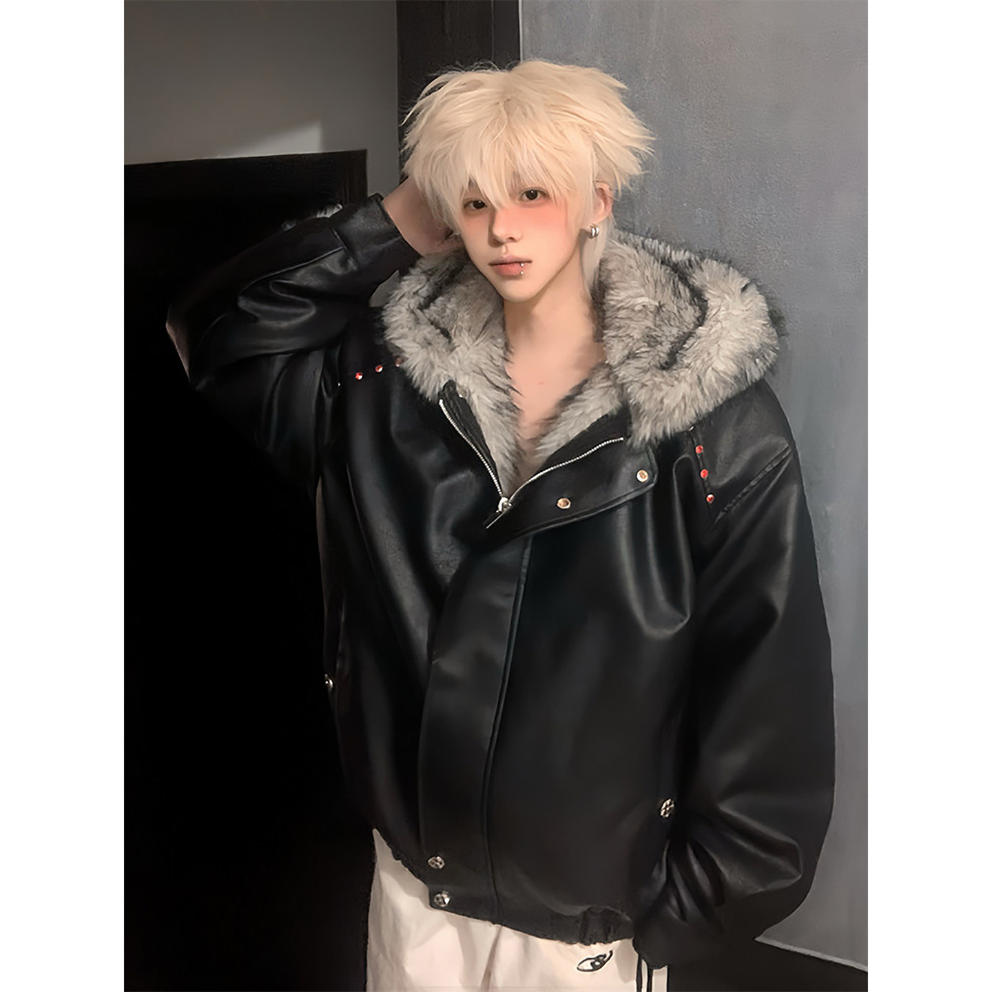 美式黑色连帽座山雕棉衣男冬季加绒加厚棉服高级感毛领机车服外套