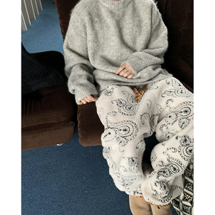 小众腰果花刺绣羊羔绒卫裤男冬季加厚保暖裤子直筒垂感慵懒风棉裤