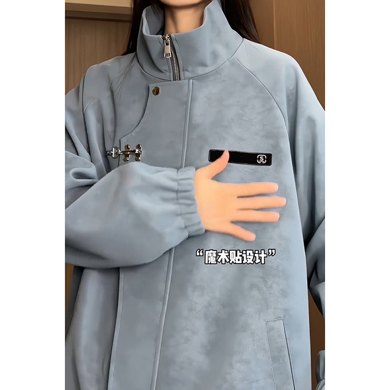 蓝色雾面pu皮骑兵夹克男春棒球服