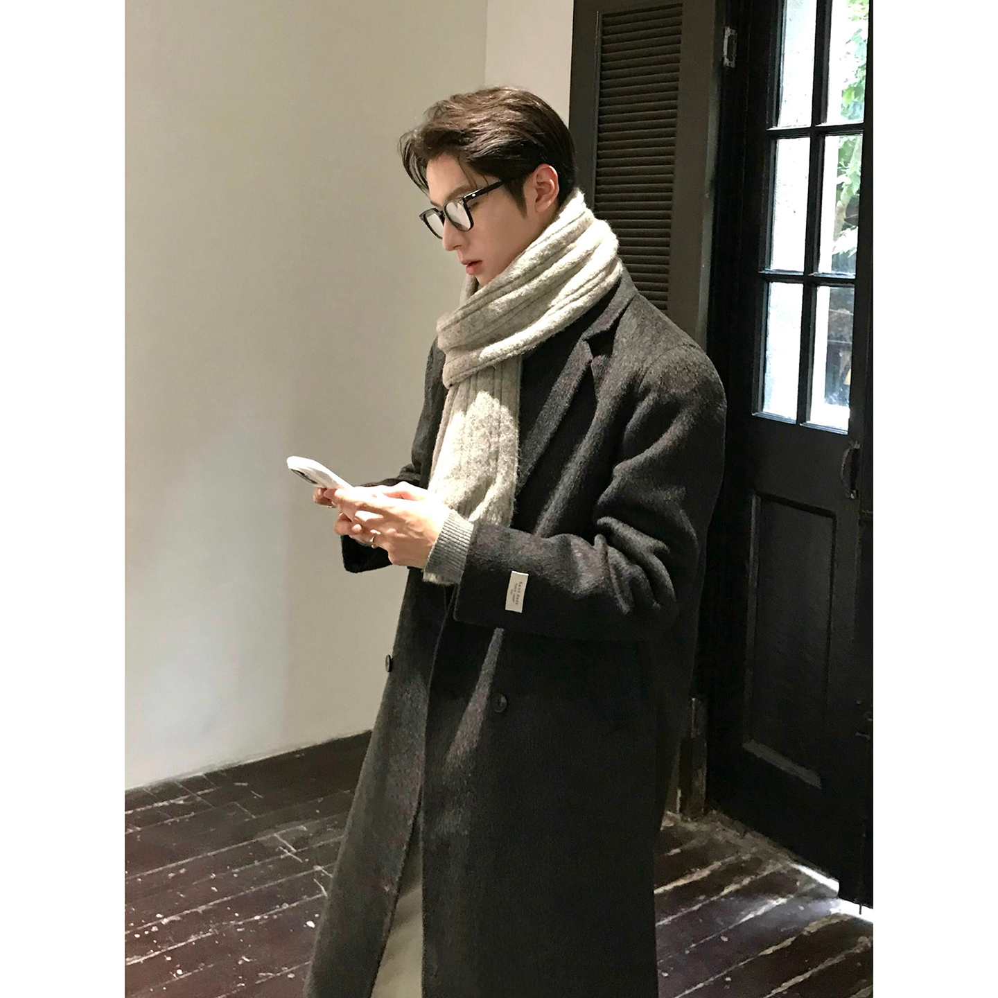 韩系高级感长款毛呢男士风衣外套