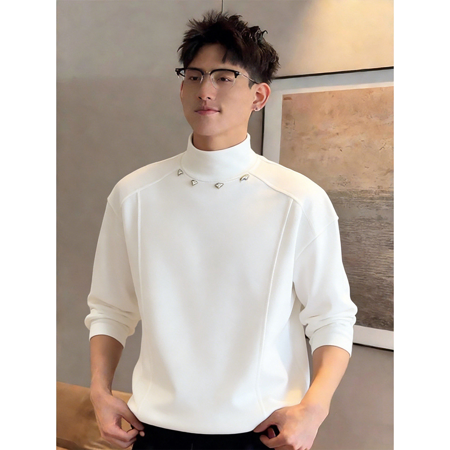 白色半高领德绒打底衫男秋冬设计感铆钉美式正肩长袖t恤内搭上衣,男装,T恤,淘宝优惠券,粉丝福利购,淘宝优惠卷