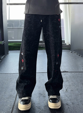 黑色扎染加绒卫裤男款冬季美式刺绣斜切弯刀裤cleanfit运动休闲裤