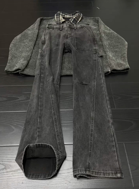 灰色水洗美式工装牛仔裤春季男生直筒阔腿裤子高街斜切弯刀休闲裤