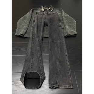 灰色水洗美式工装牛仔裤春季男生直筒阔腿裤子高街斜切弯刀休闲裤