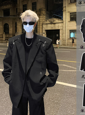 金属飞机扣拼接西装套装男式高级感韩版垫肩dk西服春秋搭配一整套