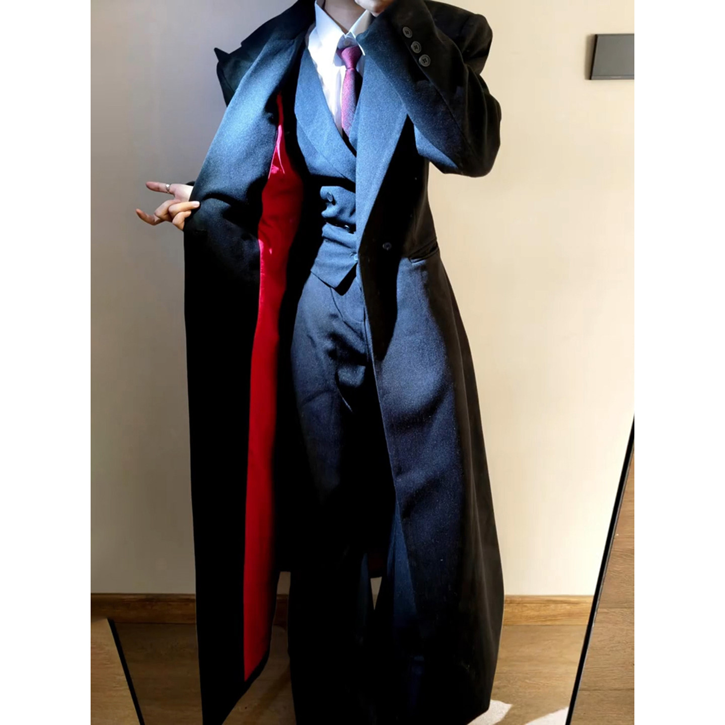 黑色红底教父大衣男冬季韩版英伦风衣长款垫肩收腰戗驳领西装外套,男装,毛呢大衣,淘宝优惠券,粉丝福利购,淘宝优惠卷