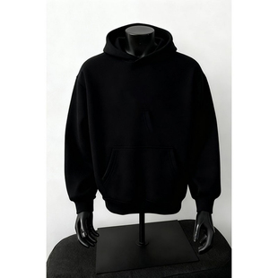 黑色重磅套头连帽卫衣男秋冬美式 痞帅高级感外套boxy廓形内搭上衣
