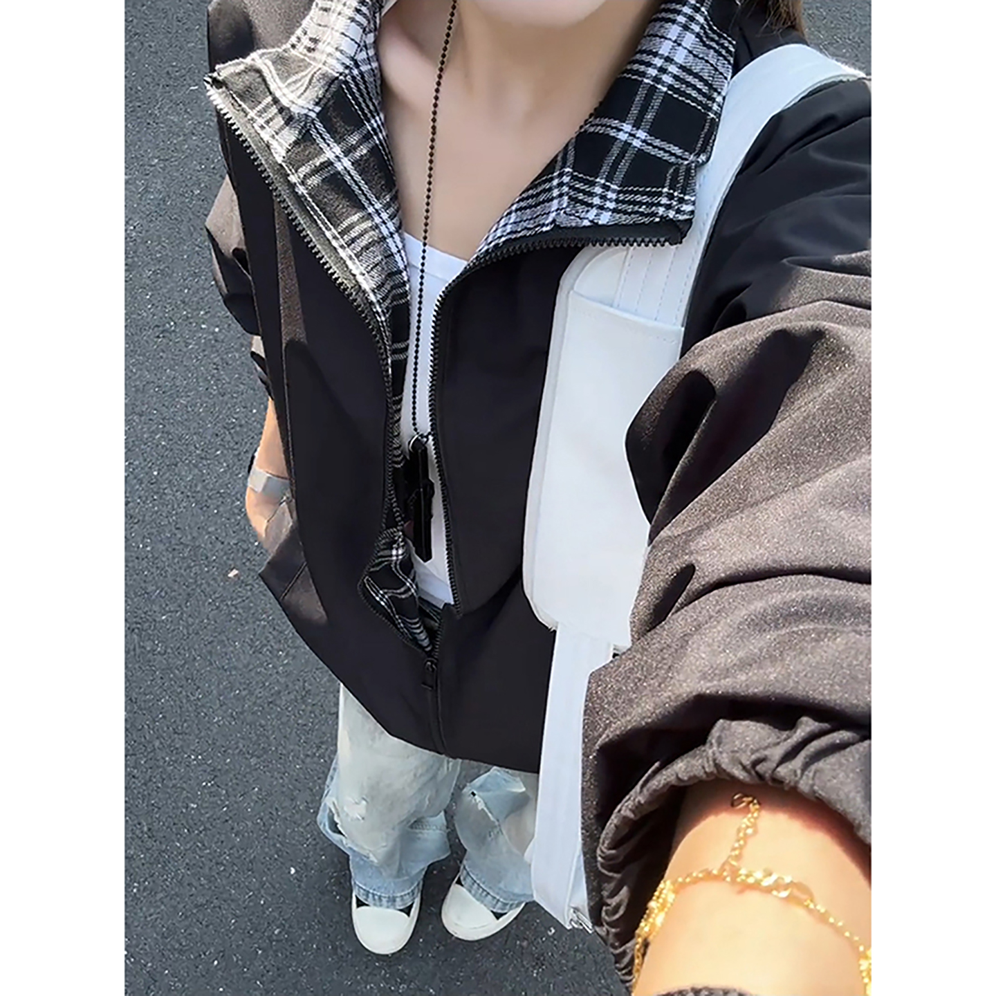格子拼接美式飞行夹克男秋季户外