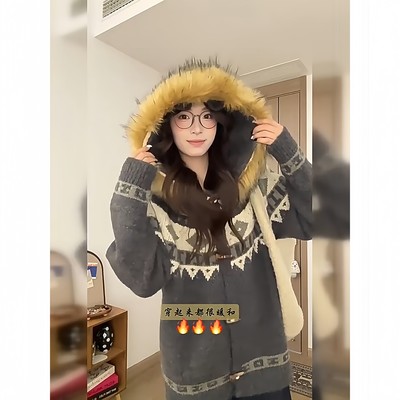 可拆卸毛领费尔岛毛衣男女秋冬